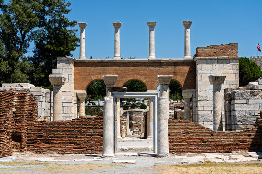 Ruins of Basilica of Saint John showing ancient columns and brickwork from Byzantine period in Selcuk Turkey