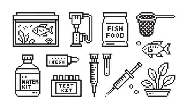 Aquarium supply icons set with fish tank water test kit and food container for fish care.