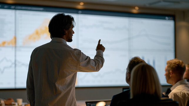 An analytics consultant traces a finger across a multi panel data dashboard projected on a boardroom wall, heat maps and trend lines in sharp detail, his silhouette backlit by the
