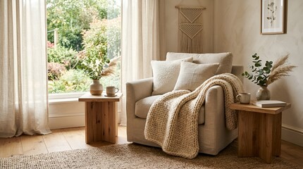 Fototapeta premium Cozy Scandinavian armchair with knit blanket and natural decor by window