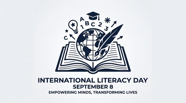 Emblem logo design for International Literacy Day featuring educational elements
