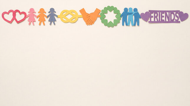 Paper cutouts of human figures and symbols arranged in a row depict the concepts of friendship, unity, and community support on a light background that offers significant space for custom text.