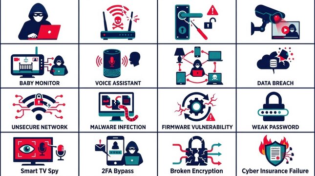 Illustration shows various cybersecurity risks in smart homes including data breaches, malware infections, and weak passwords that threaten privacy.