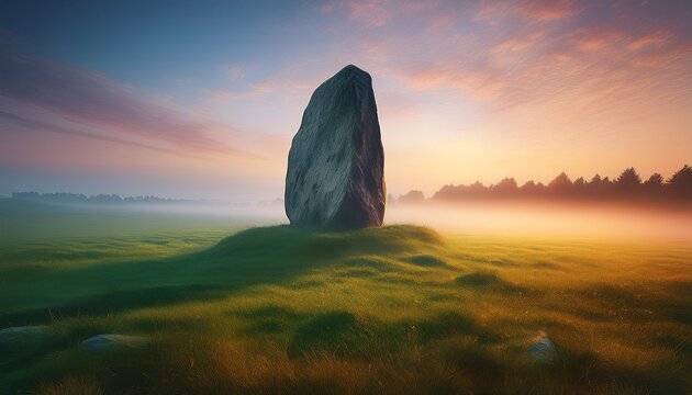 ancient megalith floats mysteriously above a misty green field at sunrise creating a surreal and ethereal landscape of wonder and timelessness