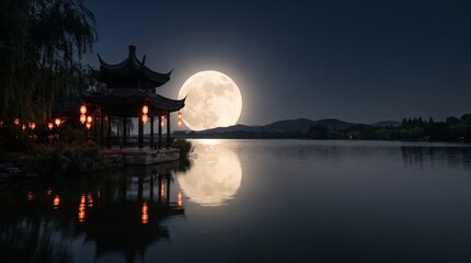 Obraz premium Majestic Full Moon Over Traditional Lakeside Architecture