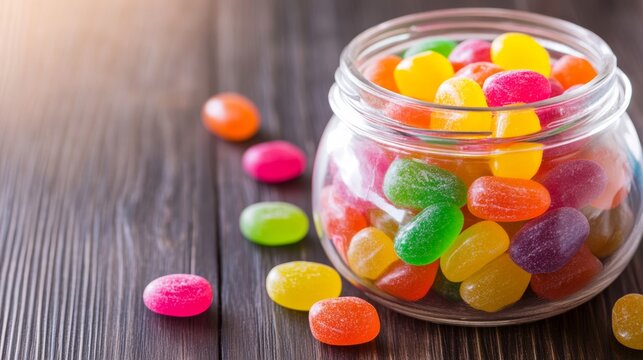 Colorful jelly beans in a glass jar on a wooden table ready for delicious enjoyment