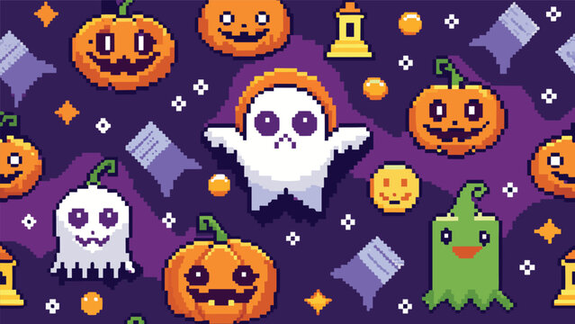 Seamless halloween pattern with pixel art ghosts and pumpkins on purple background eight bit halloween seamless background celebration decoration wrapping wallpaper repeated illustration