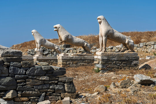 Terrace of the Lions with ancient statue remains at Delos archaeological site in Greece captures history and culture