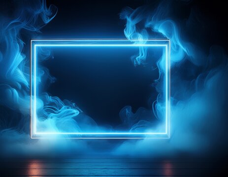glowing neon rectangle frame with ethereal blue smoke and mist on a dark textured ground