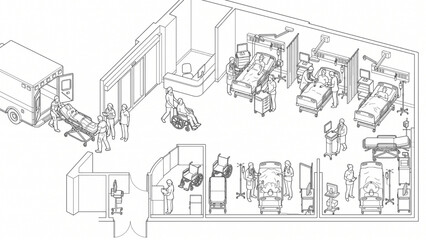 Fototapeta premium Architectural CAD Human Scale Emergency Medical Workflow with Emergency Beds, Ambulance Interaction, Technical Entourage and Healthcare Silhouette Vector