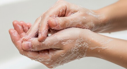Fototapeta premium Close-up of hands washing with soap and water, creating rich foam and bubbles.