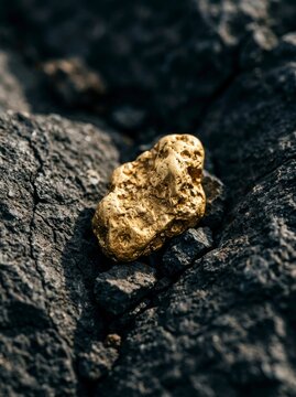 Raw gold nugget resting on rough black rock, close-up texture of mineral and precious metal.