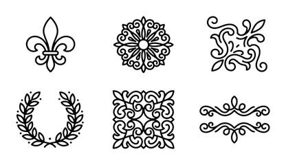 Elegant Decorative Flourishes, Ornate Embellishments, Classic Laurel Wreath, Fleur de Lis Emblem, Vintage Scrollwork Set, 6 Vector Ornaments © Mafisha