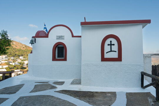 Exploring the small church in Agia Marina on Leros Island in the Dodecanese region of Greece during a bright day