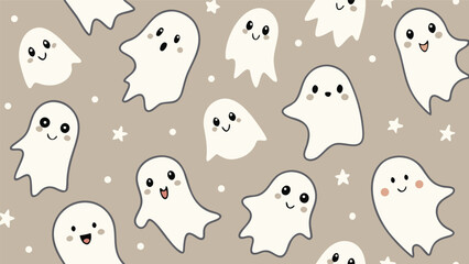 Fototapeta premium Cute kawaii ghost pattern background with halloween background wallpaper celebration illustration friendly creative decoration wrapping stationery childish whimsical monsters seasonal