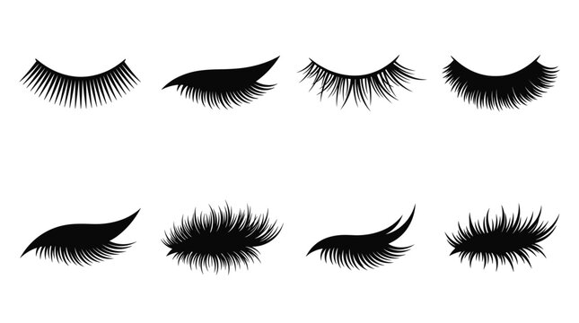 Set of eight different styles of false eyelashes, featuring various lengths, densities, and curl patterns, illustrated as black silhouettes on a white background, for beauty and