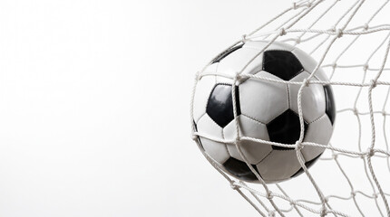 Fototapeta premium Classic black and white soccer ball with a victorious mood scoring a goal against a white net backdrop with copy space