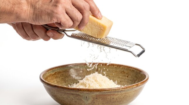 A hand grates cheese into a bowl on a kitchen countertop surface