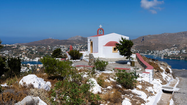 View of Church of Prophet Elias and Agia Marina on Leros Island in Greece during clear weather