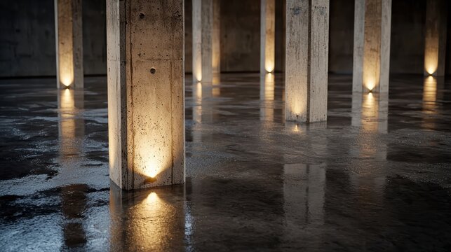 Modern concrete pillar hallway with ambient uplighting reflections on a dark polished wet ground surface interior design background
