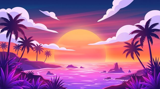 Vibrant tropical island sunset with palm trees and colorful sky