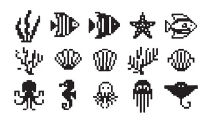 Ocean animals and sea life pixel art icons set including fish octopus seahorse and shell. © RANA