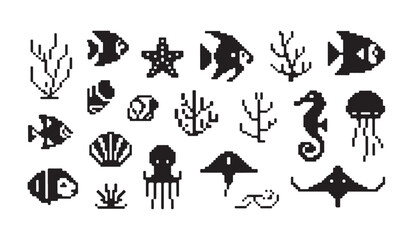 Pixel art underwater creatures icon set flat style vector illustration isolated on white background. © RANA