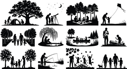 Obraz premium Collection of family silhouette scenes featuring parents and children enjoying outdoor activities, camping, hiking, fishing, gardening, and leisure time in nature settings.