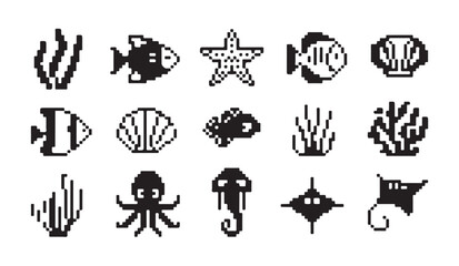 Pixel art marine life icon set flat style vector illustration isolated on white background. © RANA