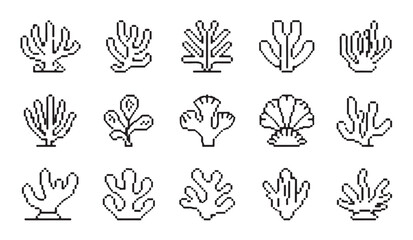 Detailed linear pixel coral icons set isolated on white background for aquatic art design. © RANA