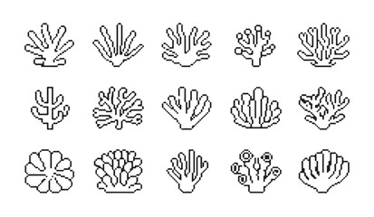 Set of pixel art coral reef elements isolated on white background for marine game design. © RANA