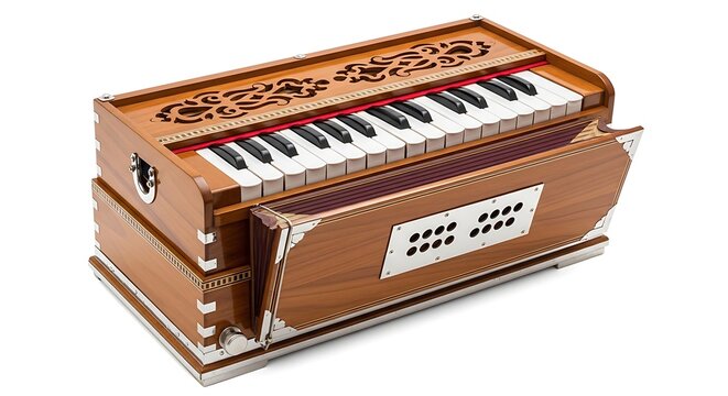 Vintage Indian harmonium keyboard instrument. Traditional musical organ with ornate design