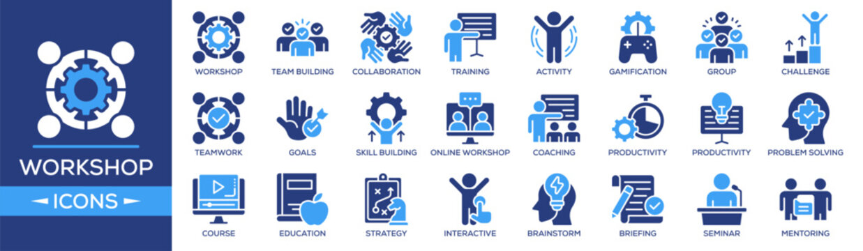 Workshop icon collection set. Containing design Workshop, Team Building, Collaboration, Training, Activity. Solid icon collection.