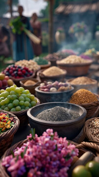 Colorful selection of fruits, spices, and flowers arranged in baskets at a bustling market during sunrise
