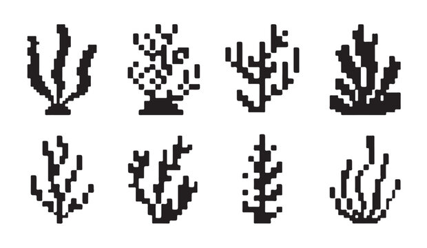 Collection of pixel art coral reef plants set for aquatic game assets and ocean graphics.