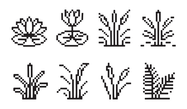 Pixel art aquatic plants collection featuring water lilies and tall grass for game level.
