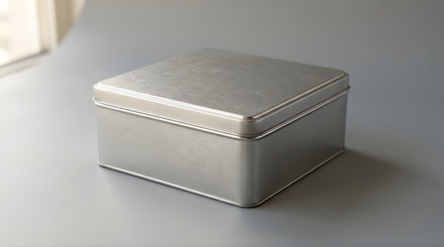 A Textured Silver Metal Tin Box with Decorative Edging Sitting on a Light Gray Surface with Natural Light from the Side