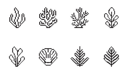 Pixel art collection of underwater coral reef plants and sea shells. © RANA
