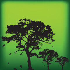 Abstract green nature background with black tree silhouettes and falling autumn leaves © SarifinJahan