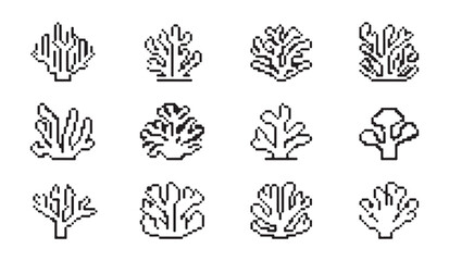 Pixel art assortment of detailed underwater coral reef plant shapes and varieties. © RANA