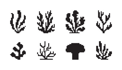 Pixel art collection of underwater coral reef plants and mushroom icons. © RANA
