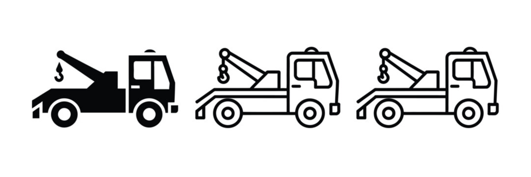 ow Truck Icon set, silhouette, outline, and line art tow truck symbols, vector illustration