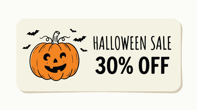 An off-white rounded rectangular banner features a hand-drawn happy jack-o'-lantern pumpkin surrounded by bats next to the text "HALLOWEEN SALE 30% OFF"