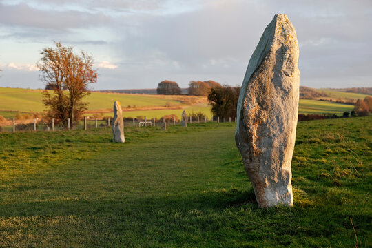 A view of standing stones at Avebury shows part of a Neolithic henge monument