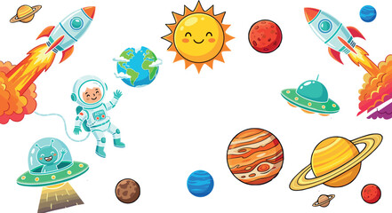 Cute hand drawn style galaxy adventure sticker collection with solar system planets stars earth and flying saucers illustration graphics © Sumaiya Akter Sweety