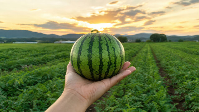 Person holding a small green watermelon in a lush agricultural field at golden generated using ai