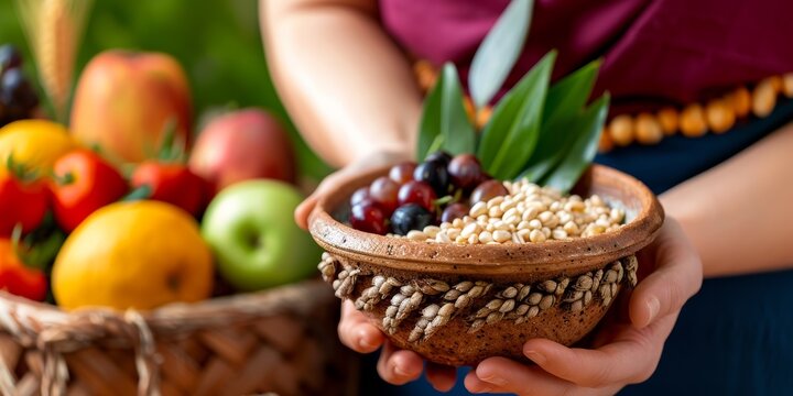 Colorful display of fresh produce and grains in a traditional setting during a vibrant harvest celebration