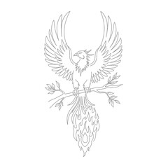 Fototapeta premium Stylized Phoenix Bird Outline Sitting on Branch with Flames - Vector Art