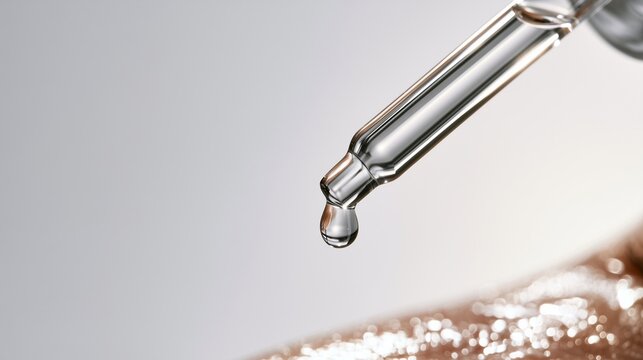 Crystal clear glass dropper releasing a single serum droplet, skincare precision