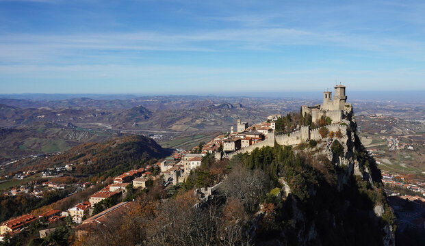 View of City of San Marino on Monte Titano with surrounding hills in the background